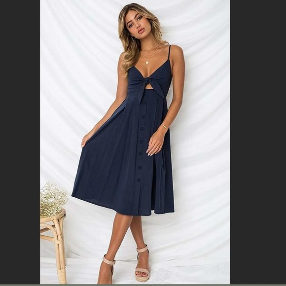 NWOT Navy Spaghetti Strap Tie Front Dress - Picture 2 of 7